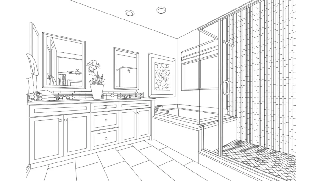 Black and white outline of a bathroom remodel idea