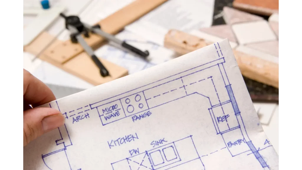 Blueprints and tools for a home improvement remodel